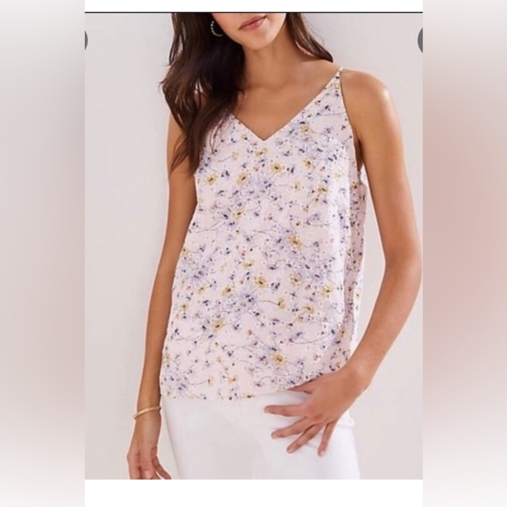 LOFT Pink Floral Eyelet V Neck Bar Back Cami Tank Top Blouse